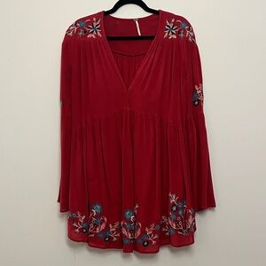 Free People Magenta Embroidered Mini Dress with Flare Sleeves